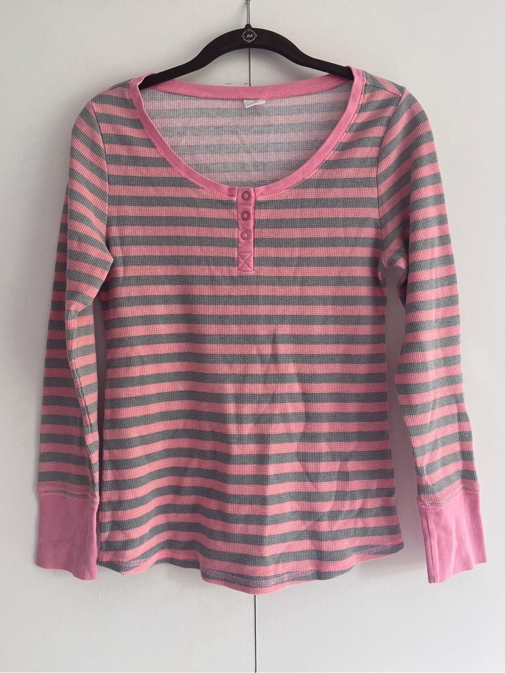 Coral Pink & Gray Striped Long Sleeve Henley Top
